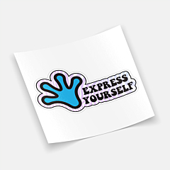 Kiss cut sticker with a handprint and "Express Yourself" text, displayed at an angle on a white background.

