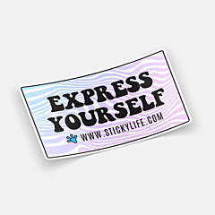 Rectangle sticker with "Express Yourself" text, pastel wavy background, and blue handprint logo, slightly curled on an off-white surface.