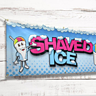 Saved ice vinyl banner hung in front of a wood plank wall.