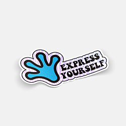 Express Yourself sticker with a blue handprint and bold black text, set against a light background with a slight drop shadow.