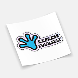 Paper sticker with "Express Yourself" design placed on a neutral background.