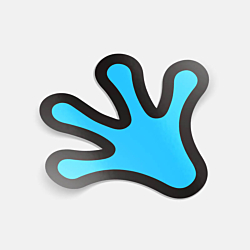 A reflective custom sticker with a black-bordered handprint design on a blue background, placed on a neutral off-white backdrop, highlighting its sleek design and reflective nature.