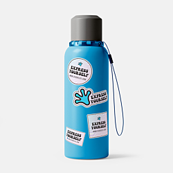 Blue reusable water bottle with a gray cap, decorated with customizable 'Express Yourself' stickers from StickyLife. The stickers feature bold typography, a handprint graphic, and a mix of square and circular designs, showcasing sticker personalization op