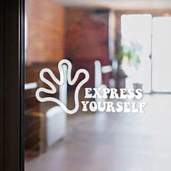 A minimalistic "Express Yourself" frosted window decal applied to a glass door, enhancing office or business decor.