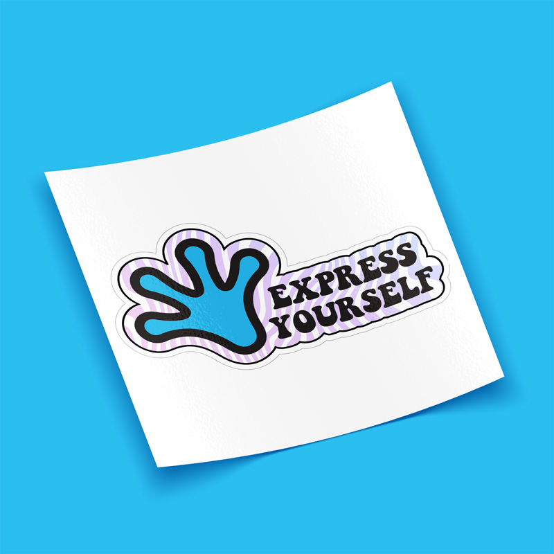 Stack of three identical kiss cut stickers with a blue and purple handprint design, laid out on a bright blue background.