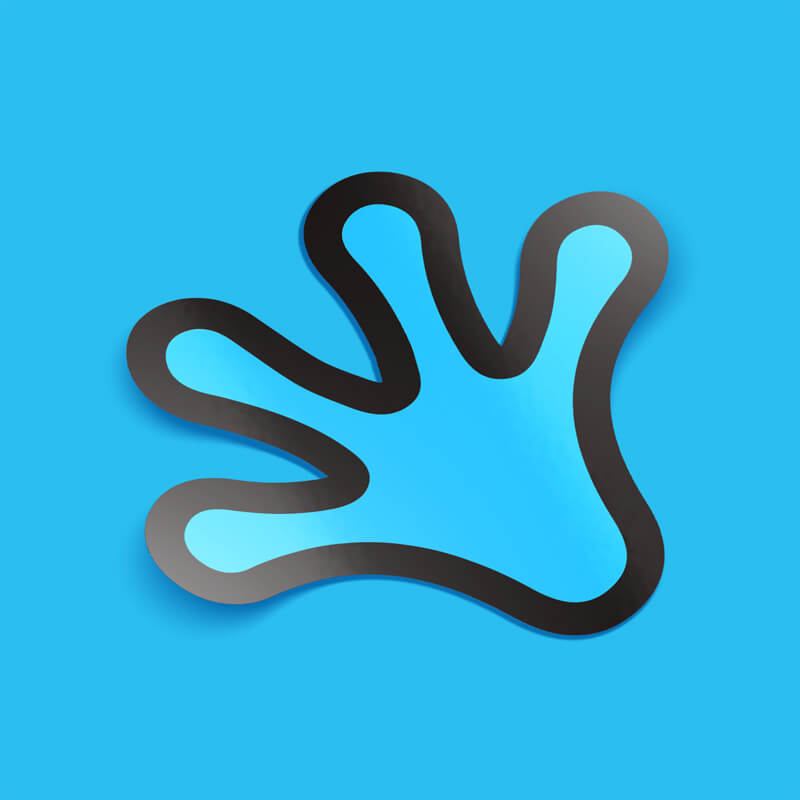 A custom reflective sticker featuring a stylized handprint outline with a black border and a blue fill, set against a vibrant blue background, showcasing its visibility and reflective quality.