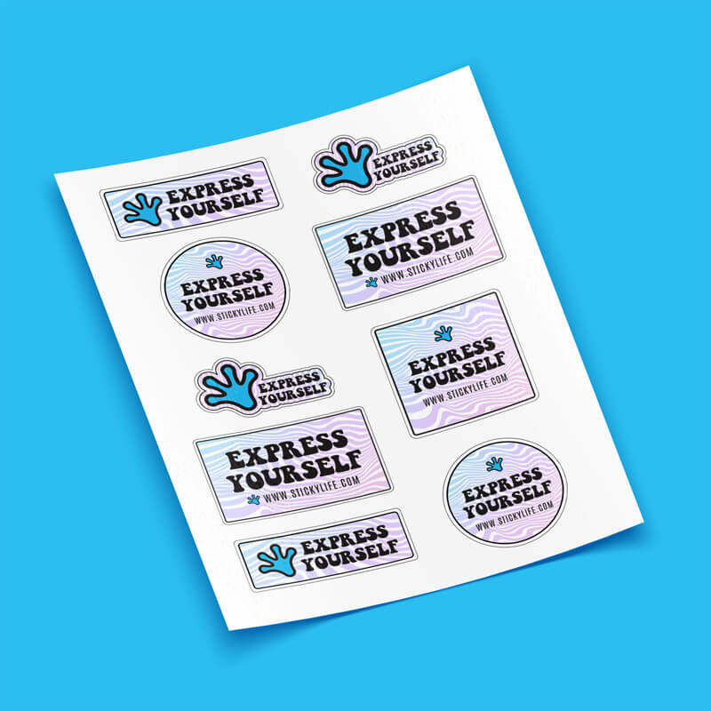 A sticker sheet featuring multiple "Express Yourself" sticker designs displayed at an angle on a blue background.
