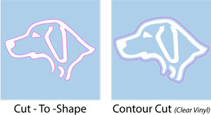 a dog shaped decal on a blue liner background that has been cut to shape comparied to a contour cut of the same design.
